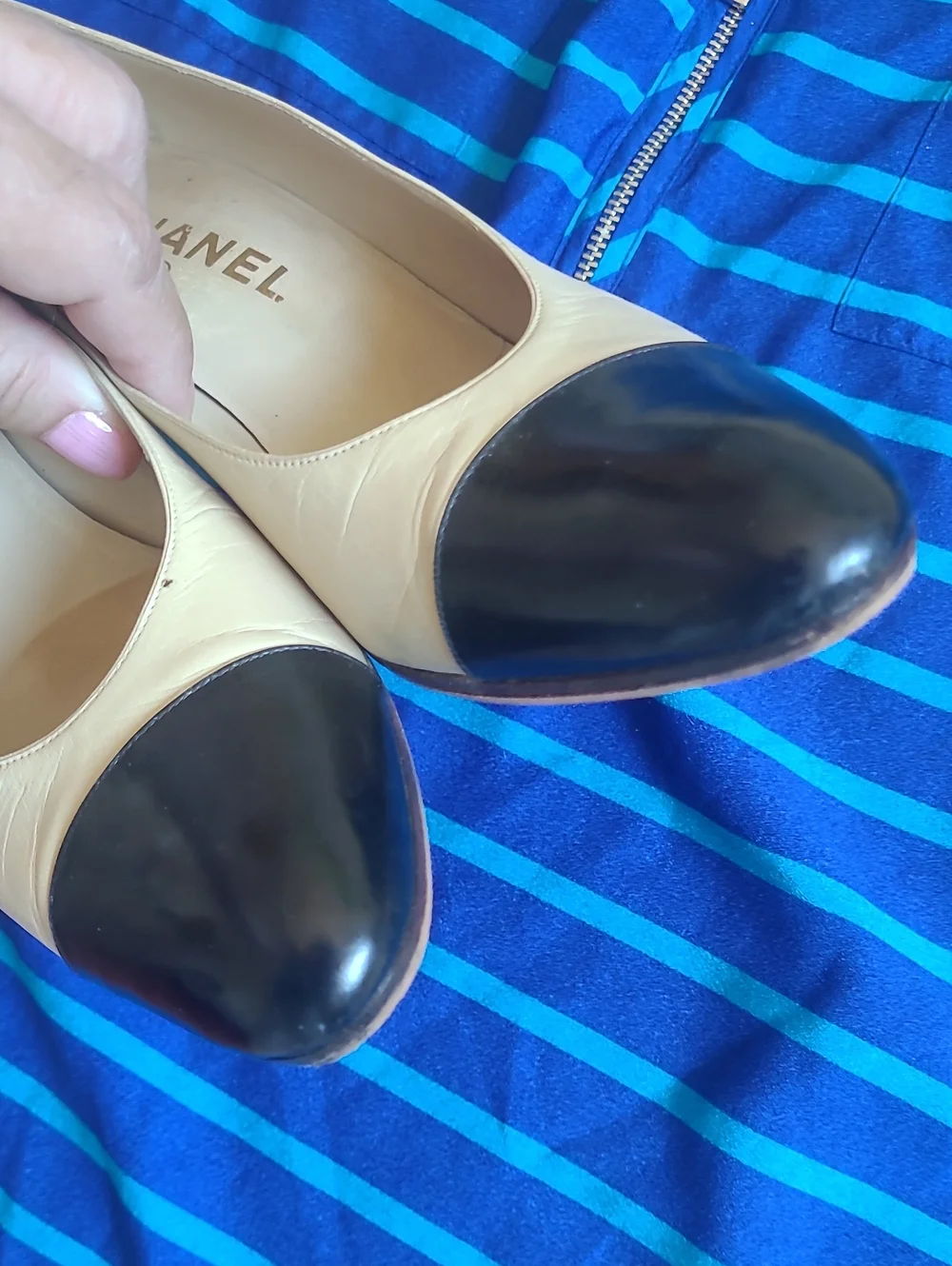 CHANEL Beige Leather Pumps with Black Cap Toe - Picture 9 of 10
